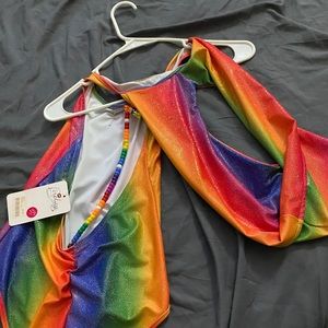 Kandi rainbow body suit with hood